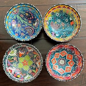 Hand Painted Turkish Ceramic Bowls – Colorful Anatolian Pottery – Set of 4